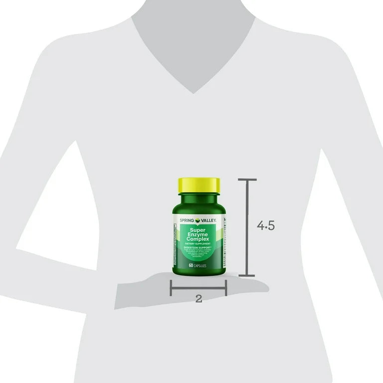 Spring Valley Super Enzyme Complex | With 225mg Betaine Hydrochloride, Ox Bile, Pancreatin, Protease, Papain, Bromelain & Cellulose | Supports Healthy Digestion and Nutrient Absorption | Digestive Enzymes | 60 Capsules; Exp 11/2026