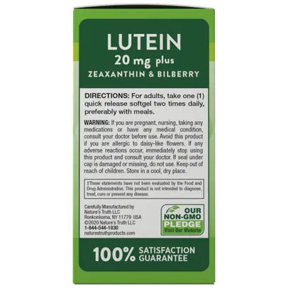 Nature's Truth Lutein 20mg + Zeaxanthin 1mg & Bilberry 2.2mg | Triple Support Eye Formula | 39 Softgels Exp 10/2026