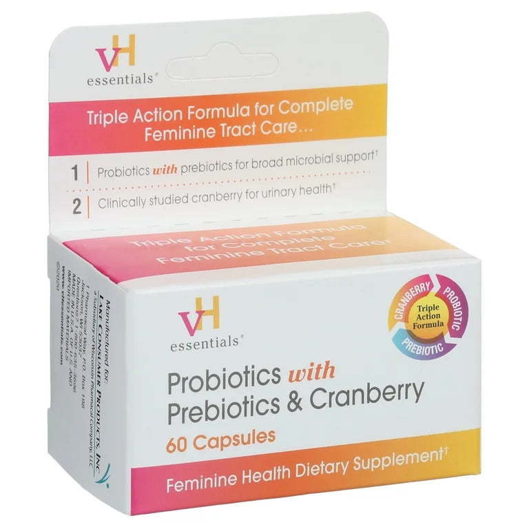 VH Essentials Probiotics With Prebiotics & Cranberry | For pH Balance, Vagina Odor Control, UTI Prevention & Improved Gut Health | 60 Capsules; [No Expiration Date Printed On It] - Old Packaging