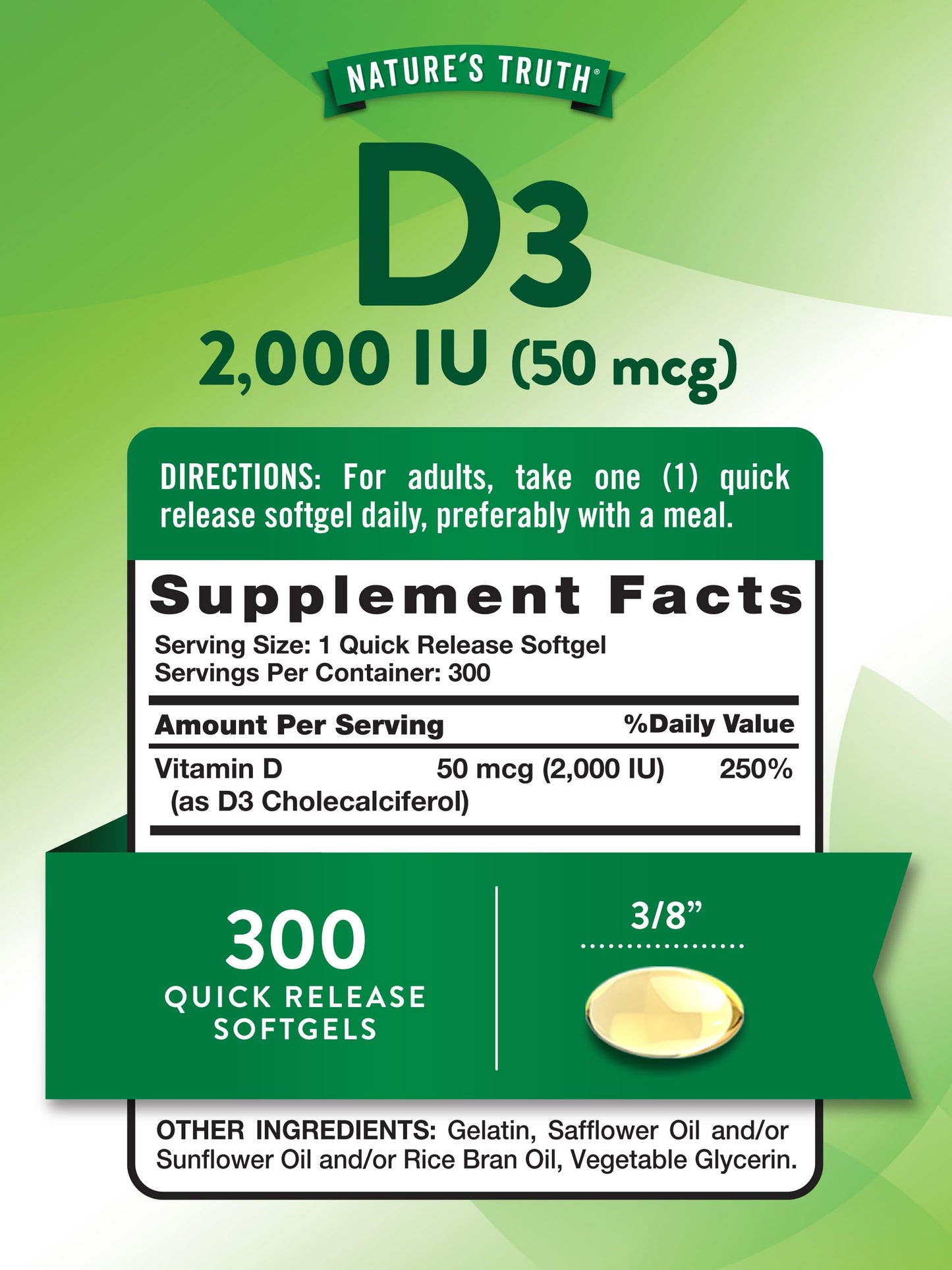 Nature's Truth Vitamin D3 2000iu (50 mcg) | High Potency | Supports Immune System, Hormone Health, Bone & Joint Health | 300 Quick Release Softgels Exp 06/2027