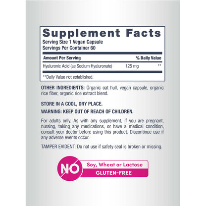 NeoCell Hyaluronic Acid 125mg Daily Hydration | 60 Day Supply | Supports Tissue Hydration | Boosts Skin Hydration & Suppleness | 60 Capsules; Exp 11/2027
