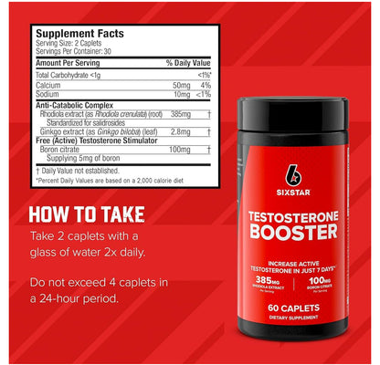 Six Star Nutrition Testosterone Booster for Men | With Rhodiola Extract & Boron Citrate | Male Workout Supplement for Muscle Growth, Stamina & Energy | 60 Caplets; Exp 06/2028