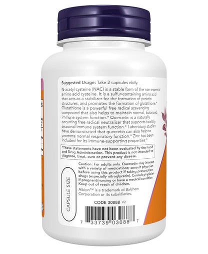 Now NAC 1000mg with Quercetin 500mg & Zinc Bisglycinate 15mg | Immune and Respiratory Support | 90 Capsules; Exp 06/2028