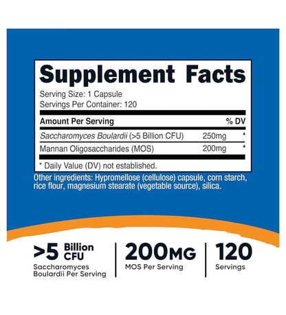 Nutricost Saccharomyces Boulardii 5 Billion CFU + MOS | Digestive Probiotic | Promotes  Healthy Gut Flora Balance | Reduces Inflammation Caused by H. pylori |  120 Capsules; Exp 07/2028