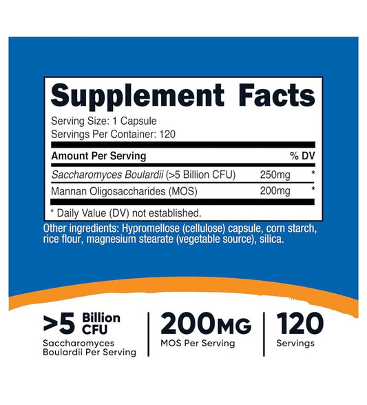 Nutricost Saccharomyces Boulardii 5 Billion CFU + MOS | Digestive Probiotic | Promotes  Healthy Gut Flora Balance | Reduces Inflammation Caused by H. pylori |  120 Capsules; Exp 07/2028