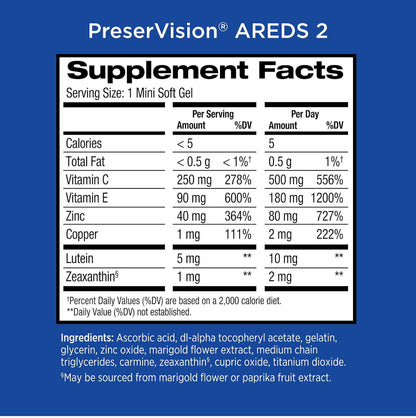 PreserVision AREDS 2 (By Bausch + Lomb) | Eye Vitamin & Mineral Supplement | 65 Day Supply | Contains Lutein, Vitamin C, Zeaxanthin, Copper, Zinc & Vitamin E | 130 Mini Softgels; Exp 09/2025
