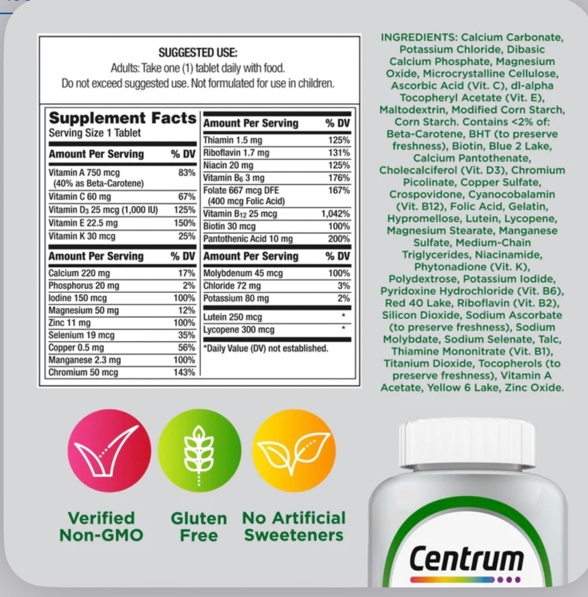 Centrum Silver Adults 50+ | Multivitamin/Multimineral Supplement For Adults over 50 Years | With Lutein, Vitamin C, D & E |  125 Tablets; Exp 06/2027