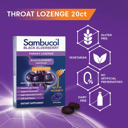 Sambucol Black Elderberry Throat Lozenge - with Honey, Vitamin C & Zinc, Elderberry Lozenges | for Sore Throat & Cough | Soothes Scratchy Throat | 20 Soft Lozenges Exp 09/2026