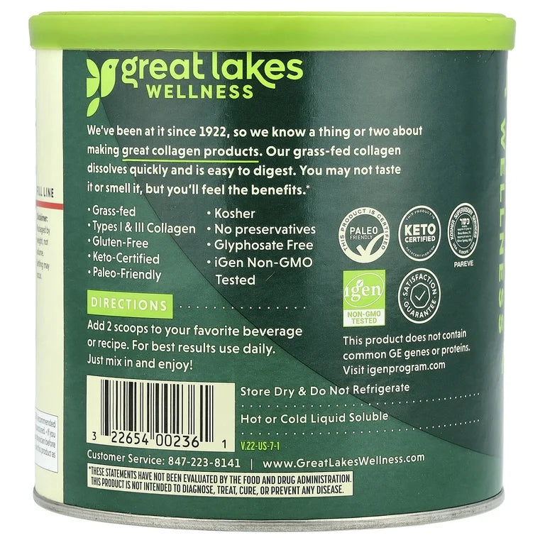 Great Lakes Wellness Collagen Peptides Powder | Supports Skin, Hair, Nails, Joints & Digestion | Bovine Collagen 12g | Hydrolyzed, Quick Dissolve| 7oz, 198g; Exp 07/2029