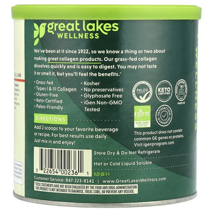 Great Lakes Wellness Collagen Peptides Powder | Supports Skin, Hair, Nails, Joints & Digestion | Bovine Collagen 12g | Hydrolyzed, Quick Dissolve| 7oz, 198g; Exp 07/2029