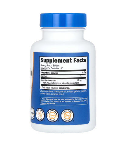 Nutricost Astaxanthin 12 mg | Supports Overall Eye Health and Promotes a Healthy Nervous System | Supports Skin Elasticity & Hydration for Healthy Aging | 60 Softgels; Exp 03/2028