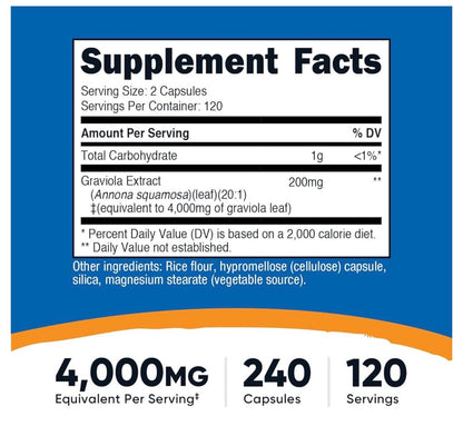 Nutricost Graviola Extract 4000mg | Soursop Leaf Extract | Promotes Healthy Cell Growth & Function
Free Radical Scavenger | 240 Capsules; Exp 02/2029