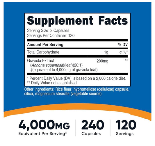 Nutricost Graviola Extract 4000mg | Soursop Leaf Extract | Promotes Healthy Cell Growth & Free Radical Scavenger | 240 Capsules; Exp 02/2029