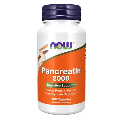 NOW Pancreatin 2000mg (Porcine) with Naturally Occurring Enzymes ~ Protease (Digests Protein), Amylase (Digests Carbohydrate) & Lipase (Digests Fat) | 100 Capsules; Exp 11/2029