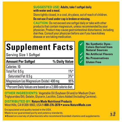 Nature Made Extra Strength Magnesium Oxide 400mg | 5-Month Supply | Supports Nerve, Heart, Bone health & Muscle Relaxation | 150 Softgels; Exp 03/2028