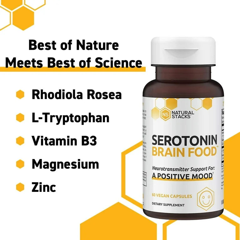 Serotonin Brain Food 1250mg L-Tryptophan & 400mg Rhodiola Rosea | Mood Support for Stress Relief | Neurotransmitter Support with Magnesium Glycinate & Zinc Glycinate | Non-Habit Forming | 75 Capsules; Exp 08/2026