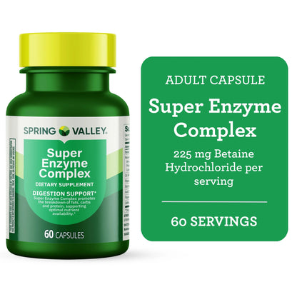 Spring Valley Super Enzyme Complex | With 225mg Betaine Hydrochloride, Ox Bile, Pancreatin, Protease, Papain, Bromelain & Cellulose | Supports Healthy Digestion and Nutrient Absorption | Digestive Enzymes | 60 Capsules; Exp 11/2026