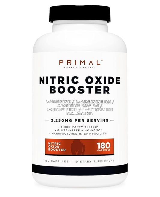 PRIMAL Nitric Oxide Booster 2250mg | L-Arginine & L-Citrulline Malate | 750mg Per Capsule | 60 Servings | 180 Capsules; Exp 07/2027