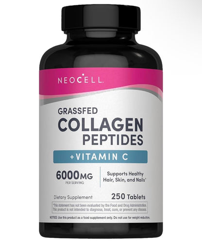 NeoCell Grassfed Collagen Peptides + Vitamin C | Supports Healthy Hair, Skin, & Nails | ❗️Doesn’t Contain Biotin | 250 Tablets; Exp 07/2028