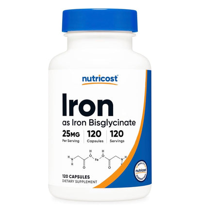 Nutricost Iron Bisglycinate 25mg | Well Absorbed Form of Iron | Essential for the Formation & Function of Healthy RBCs and Improves Energy levels | 120 Capsules; Exp 02/2029