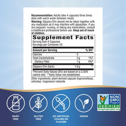 Nature's Way Slippery Elm Bark 400mg | Helps Coat & Soothe Gastrointestinal (GI) Tract | Helps with Acid Reflux | 100 Capsules; Exp 02/2029 ❗️ROUGH PACK 👉🏽Check last picture