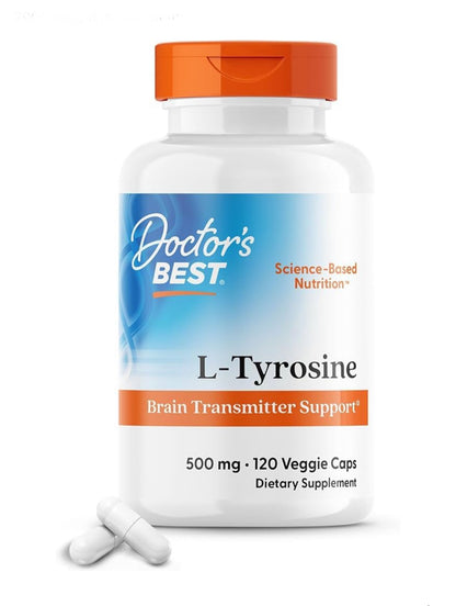 Doctors Best L-Tyrosine 500mg | Brain Transmitter Support | Improves Mood | Promotes Healthy Thyroid Function | 120 Veggie Capsules; Exp 02/2027
