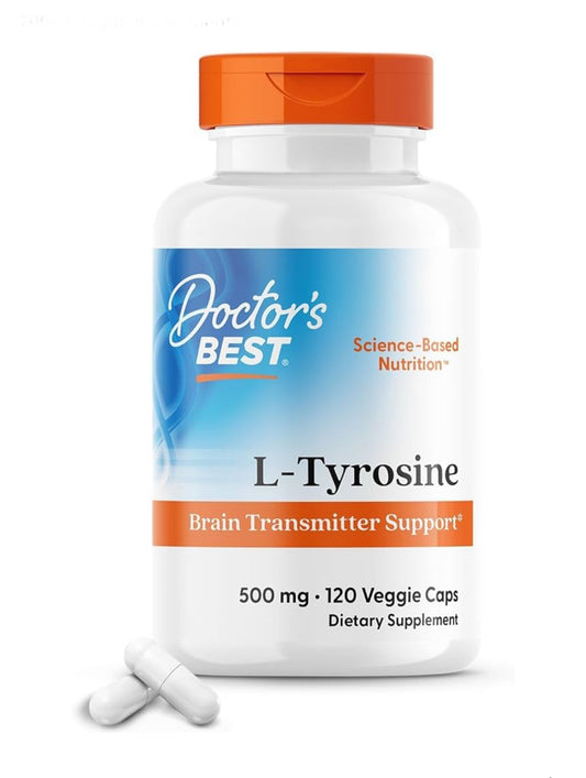 Doctors Best L-Tyrosine 500mg | Brain Transmitter Support | Improves Mood | Promotes Healthy Thyroid Function | 120 Veggie Capsules; Exp 02/2027