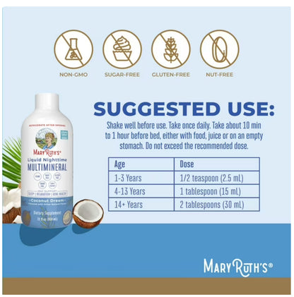 MaryRuth’s Organics Liquid Nighttime Multimineral | For the Whole Family (1 Year & Above) | Bedtime Routine with Magnesium Citrate, Calcium, Zinc, Vitamin D3, MSM, Chromium | Coconut Dream, 22oz/650ml; Exp 04/2027