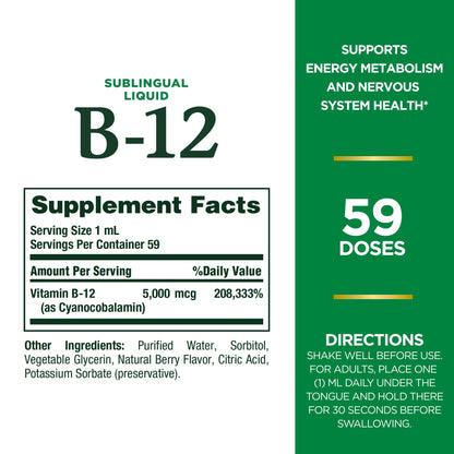 Nature's Bounty Vitamin B 12 5000 Mcg Sublingual Liquid | 59 Doses | Supports Cardiovascular Health & Cellular Energy | 2 fl.oz/59ml, Exp 03/2026
