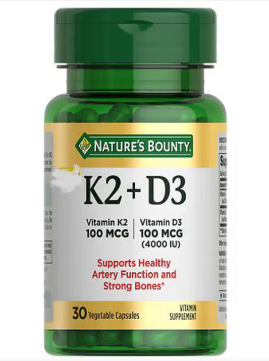 Nature’s Bounty Vitamin K2 + D3 | 4000 IU Vit D3 + 100 mcg Vit K2 | Supports Healthy Artery Function & Strong Bones | 30 Capsules; Exp 12/2026
