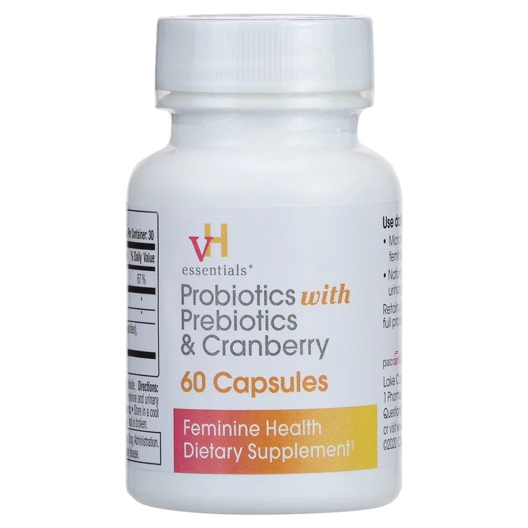 VH Essentials Probiotics With Prebiotics & Cranberry | For pH Balance, Vagina Odor Control, UTI Prevention & Improved Gut Health | 60 Capsules; [No Expiration Date Printed On It] - Old Packaging