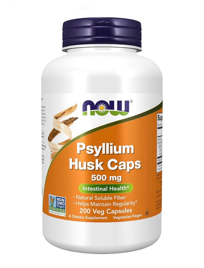 NOW Psyllium Husk Caps 500mg | Natural Soluble Fibre | Promotes Intestinal Health | 200 Capsules; Exp 06/2030