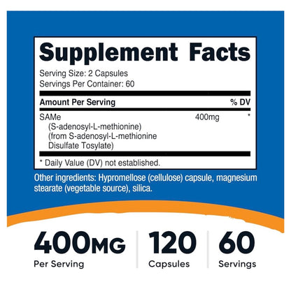 Nutricost SAM-e 400mg (S-Adenosyl-L-Methionine) | Supports Mood, Liver & Cognition | Supports Joint Comfort & Mobility | Helps Facilitate Glutathione Usage | 120 Capsules; Exp 10/2028