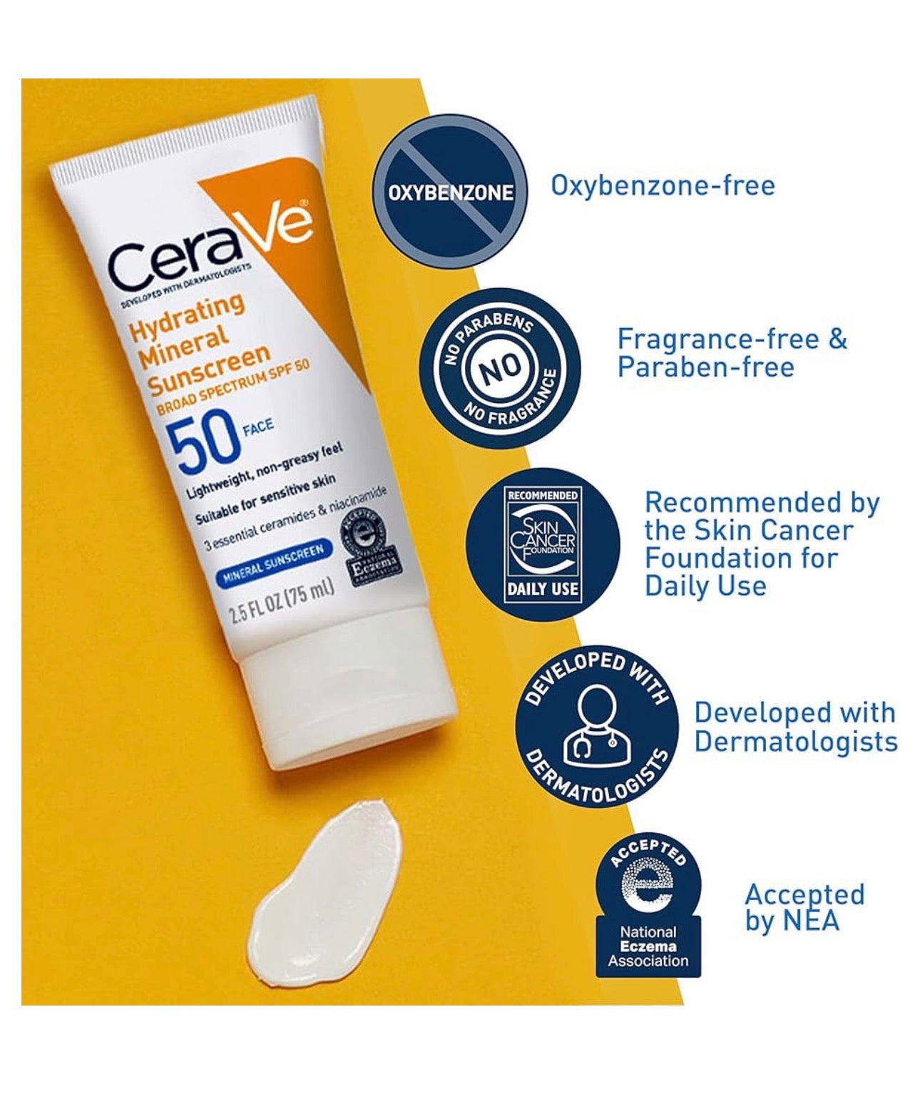 CeraVe 100% Mineral Sunscreen SPF 50, Face sunscreen With Zinc Oxide & Titanium Dioxide, Hyaluronic Acid + Niacinamide + Ceramides | 2.5oz; Exp 04/2026