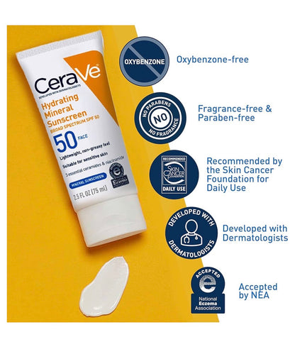 CeraVe 100% Mineral Sunscreen SPF 50, Face sunscreen With Zinc Oxide & Titanium Dioxide, Hyaluronic Acid + Niacinamide + Ceramides | 2.5oz; Exp 04/2026