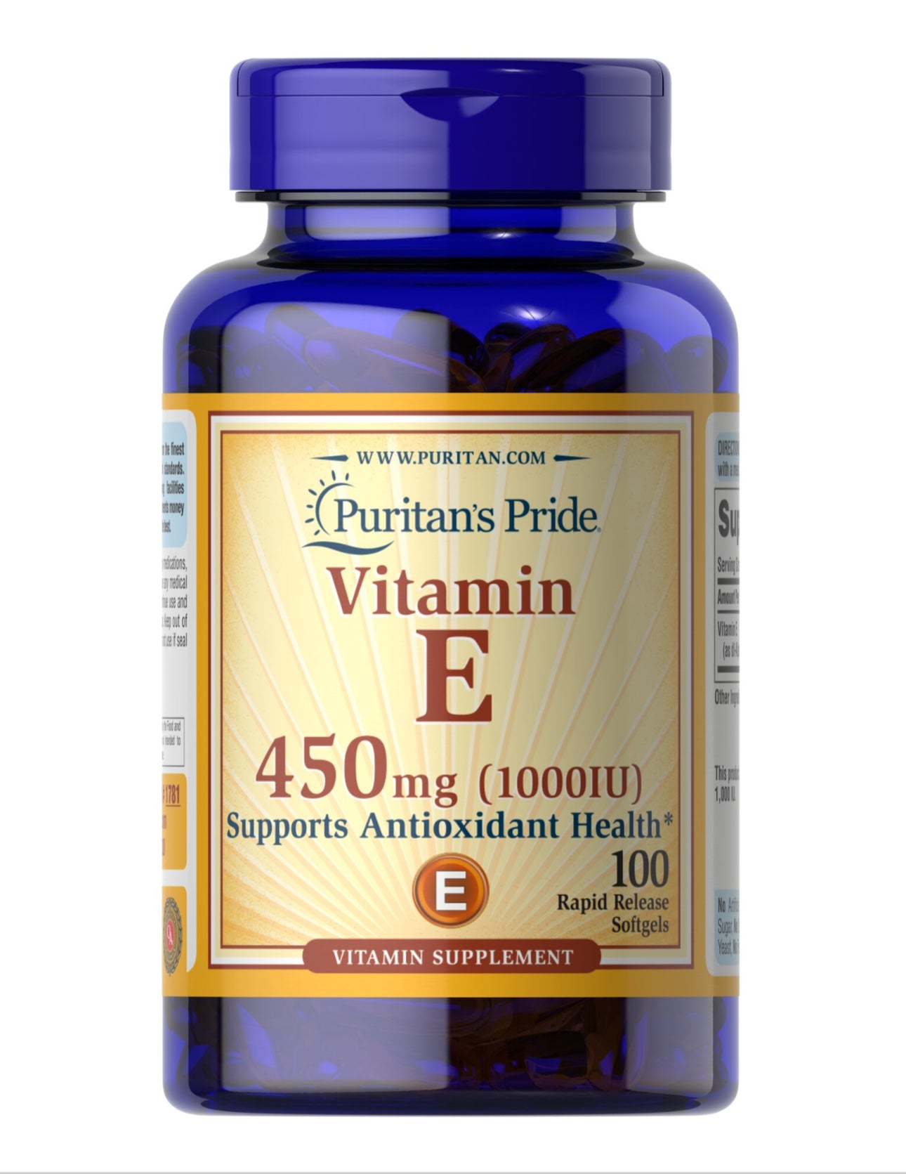 Puritan’s Pride Vitamin E 450mg (1000 IU) | Antioxidant | Supports Healthy Immune & Vascular System | Contributes to Healthy Skin | 100 Rapid Release Softgels; Exp 07/2028