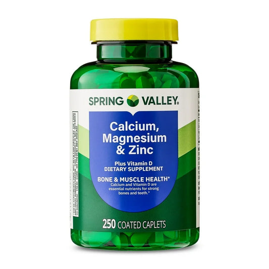 Spring Valley Calcium, Magnesium & Zinc Plus Vitamin D3 | Supports Bone & Muscle Health | 250 Caplets; Exp 03/2027 (New Look)