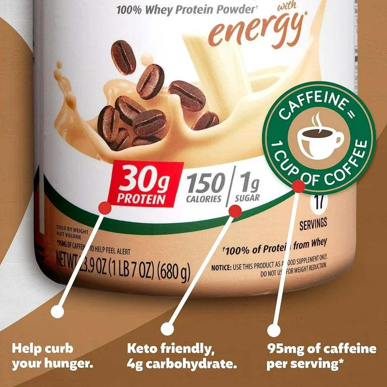 Premier Protein 100% Whey Protein Powder with Energy | 30g Protein | 150 Calories | Cafe Latte Flavor; 23.9oz (680g); Exp 09/2025
