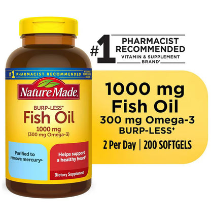 Nature Made Burp-Less Fish Oil 1000 mg | 1000mg per Softgel | Omega 3 Fish Oil for Healthy Heart Support | 100 - 200 Day Supply | 200 Softgels; 06/2026