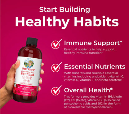MaryRuth Organics Liquid Morning Multivitamin for For the Whole Family (Including Kids Aged 1 Year & Above) | Vitamins A, C, D, E, B6, B12, Biotin, Zinc | Natural Raspberry ~ 22oz/650ml; Exp 04/2027