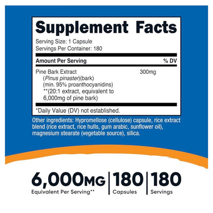 Nutricost Pine Bark Extract 6000mg | Reduces Oxidative Stress & Inflammation at the Cellular Level | 180 Capsules; Exp 11/2028