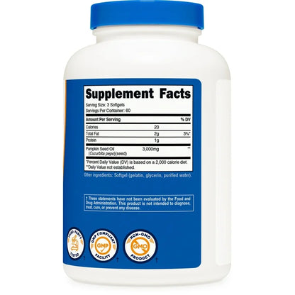 Nutricost Pumpkin Seed Oil 3000 mg | Supports Prostate & Urinary Health | Nourishment for Skin & Hair | 180 Softgels; Exp 07/2028