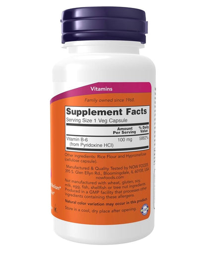NOW B6 100mg | Supports Healthy Homocysteine Metabolism | 
Important for Nervous System Function | 100 Capsules; Exp 04/2031
