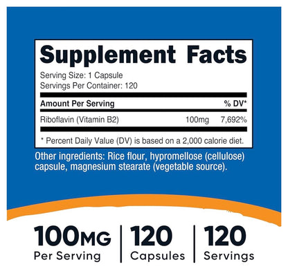 Nutricost Vitamin B2 (Riboflavin) 100mg | Supports Energy, Skin, Cellular Health & Nervous System | 120 Capsules; Exp 10/2028