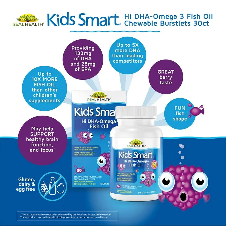 Real Health Kids Smart Hi DHA Omega-3 Fish Oil 500mg | 133mg DHA, 38mg EPA | For Proper Brain & Eye Development in Children | Fruit Flavor, 30 Chewable Burstlets; Exp 03/2028