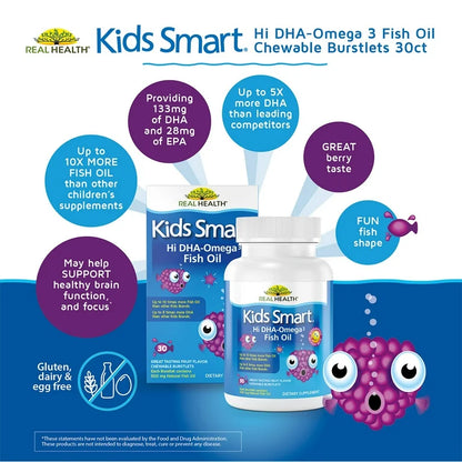 Real Health Kids Smart Hi DHA Omega-3 Fish Oil 500mg | 133mg DHA, 38mg EPA | For Proper Brain & Eye Development in Children | Fruit Flavor, 30 Chewable Burstlets; Exp 03/2028