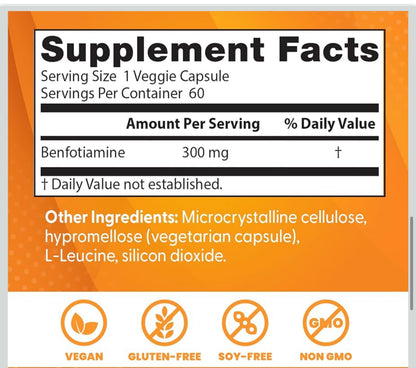 Doctor's Best Benfotiamine 300 with BenfoPure | With L-Leucine | 300mg per Capsule | Helps Maintain Healthy Glucose Metabolism | 60 Capsules; Exp Feb/2027