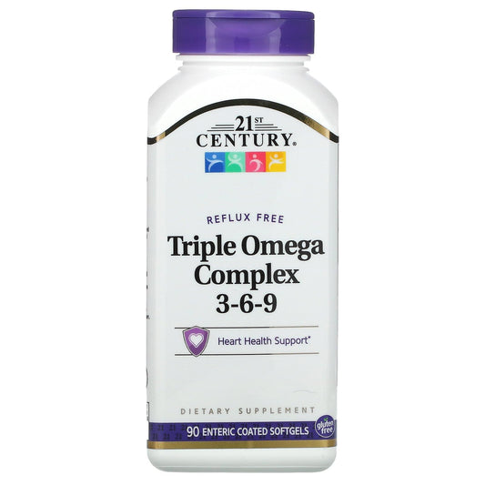 21st Century Triple Omega Complex 3-6-9 | Fish, Borage and Flax Seed Oils | Maintains Healthy Skin, Supports Heart Health & Proper Nervous System Function | 90 Enteric Coated Softgels Exp 07/2027