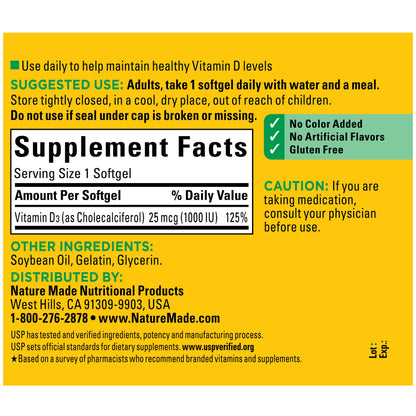 Nature Made Vitamin D3 1000 IU (25 mcg) | Supports Bone, Teeth, Muscle, Hormone and Immune Health | 180 Day Supply | 180 Softgels; Exp 01/2027