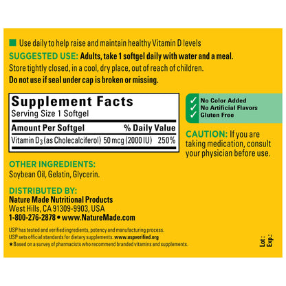 Nature Made Vitamin D3 2000 IU (50 mcg) | Supports Bone, Teeth, Muscle, Hormone and Immune Health | 250 Day Supply | 250 Softgels, Exp 12/2025